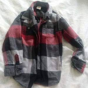 Flannel plaid at a red, black and gray long sleev